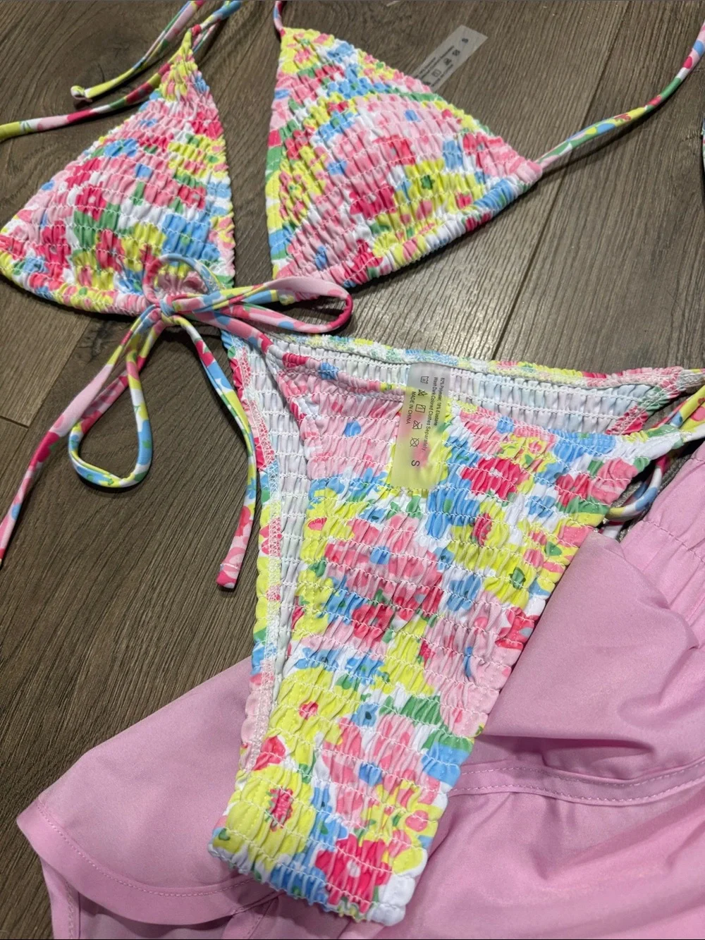 Floral Smocked Triangle Bikini Set and Pink Shorts